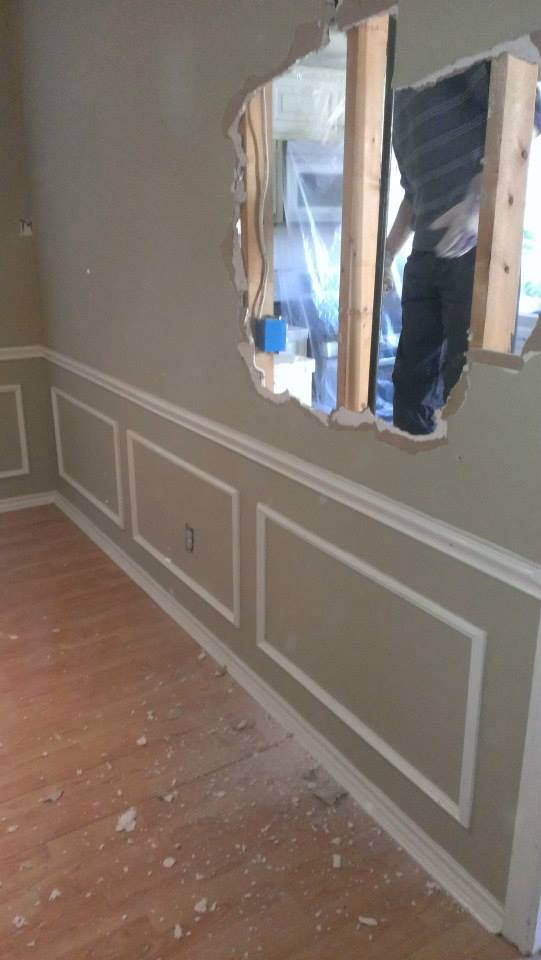 Before Picture Professional structural remediation of dining room wall during a residential remodeling project in North Texas.